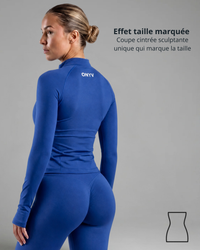 Veste de sport ONYV bleue à fermeture zippée, confortable et extensible, idéale pour le fitness, la musculation et le training.