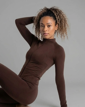 Veste de sport ONYV marron à fermeture zippée, confortable et extensible, idéale pour le fitness, la musculation et le training.